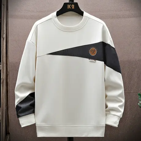 个性拼接卫衣男款春秋季圆领长袖t恤男潮牌上衣青少年圆领打底衫T图片