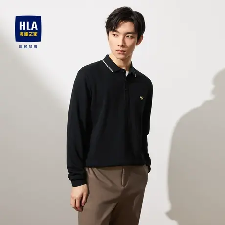 HLA/海澜之家撞色翻领POLO衫2023秋季新款字母小标斜纹提花长袖男图片