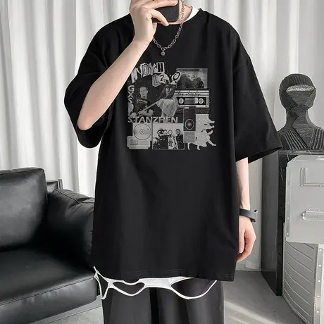 夏季新款短袖男潮牌港风美式复古小众设计感t恤男士宽松半袖男装图片