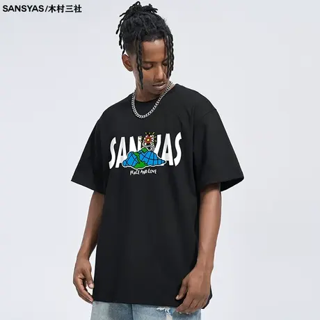 木村三社地球印花2023潮牌t恤男美式复古黑色短袖夏天透气上衣商品大图