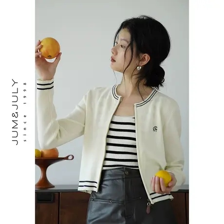 嘉茱莉2023秋季新款双拉链针织开衫女小个子修身短款针织上衣圆领商品大图