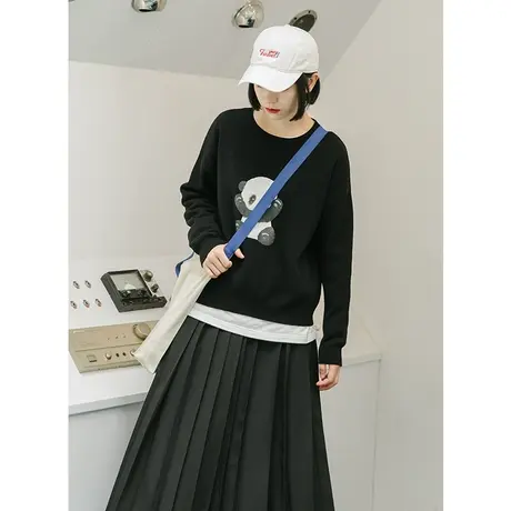 omont蛋挞家 复古熊猫图案印花毛衣女宽松外穿圆领套头针织衫早秋图片