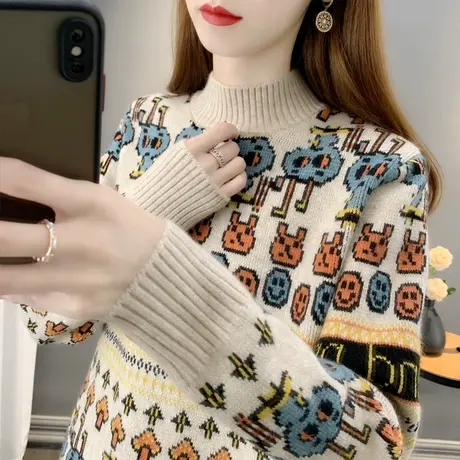 半高领毛衣女加厚打底衫2023秋冬新款宽松套头外穿针织衫内搭上衣商品大图