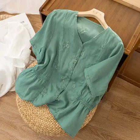 短袖亚麻上衣刺绣宽松文艺复古收腰棉麻T恤小衫夏天薄款2022新款图片