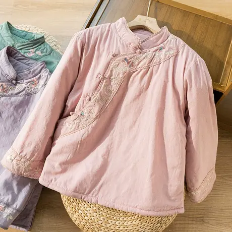 文艺复古夹棉外套棉服宽松刺绣斜襟中式棉袄国风唐装2022秋冬新款图片