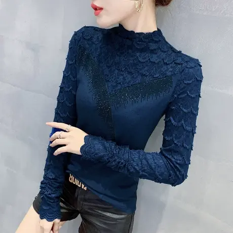 加绒加厚打底衫女秋冬半高领修身内搭长袖T恤蕾丝拼接洋气上衣潮图片