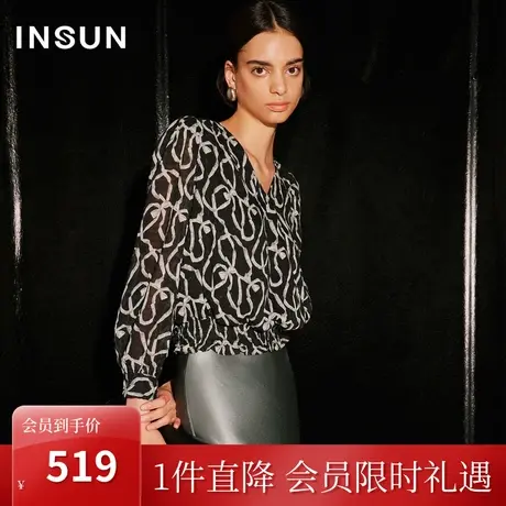 恩裳COVER2023秋季新款法式V领高腰短款印花衬衫腰节打揽复古上衣图片