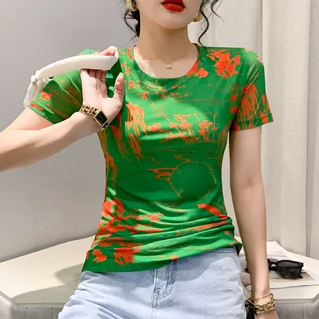 2023夏季新款圆领网纱T恤女短袖性感紧身别致小衫设计感洋气上衣商品大图