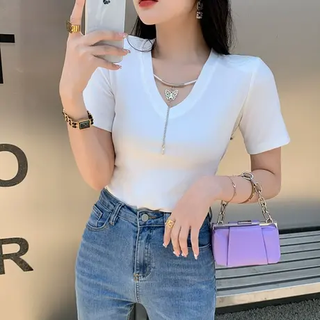 性感V领短袖T恤女2023夏季新款蕾丝拼接美背上衣修身显瘦气质小衫商品大图