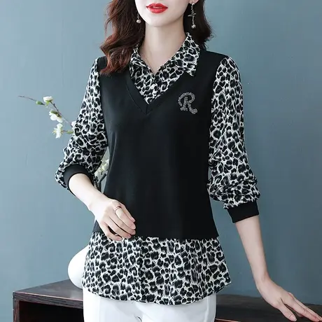 长袖打底衫女秋季2023新款假两件上衣春秋装大码遮肚妈妈洋气外穿商品大图