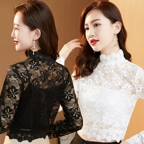 2022年新款蕾丝网纱打底衫女秋冬新款透明蕾丝长袖网纱上衣女图片
