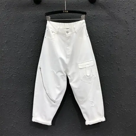 网红个性百搭休闲工装裤欧货潮23女夏新款阔腿显瘦高腰牛仔哈伦裤图片