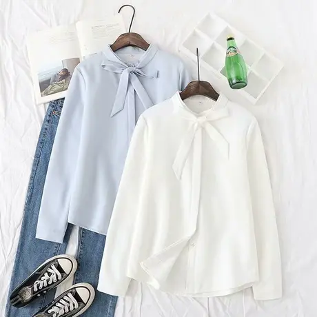 秋冬新款雪纺加绒白色衬衫女保暖冬韩版系带蝴蝶结小清新加厚衬衣图片