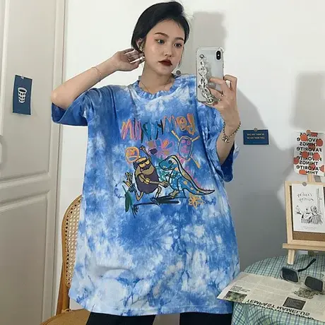 扎染短袖t恤女夏季纯棉宽松韩版ins半袖设计感小众chic港味上衣服商品大图