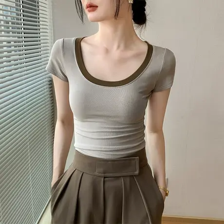歌倍尚大圆领t恤女短袖2023夏天新款修身U领半袖正肩百搭上衣薄商品大图