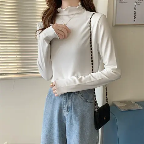 木耳边半高领打底衫女2023春秋冬针织长袖修身ins内搭薄款上衣t恤商品大图