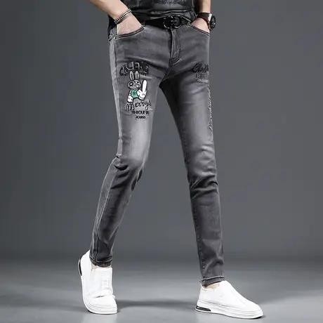 黑灰色牛仔裤男高端刺绣修身小脚潮牌2023夏季新款弹力时尚裤子男商品大图