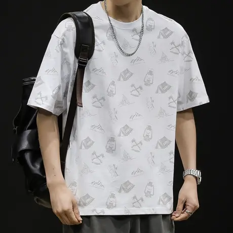 全身印花短袖t恤男士半袖夏季2023新款宽松大码潮牌男款纯棉体恤商品大图