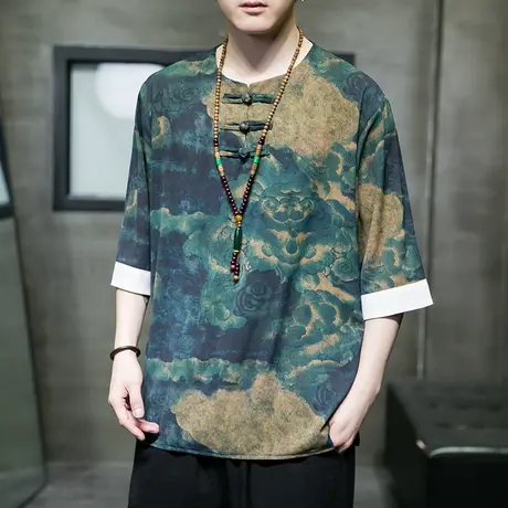 新中式中国风男装冰丝垂感短袖T恤男大码国潮盘扣半袖唐装男装潮图片