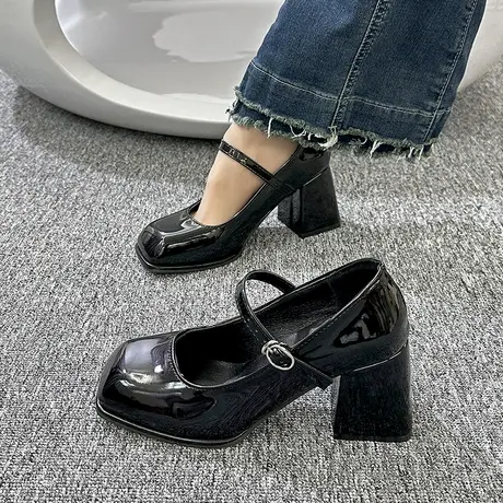 黑色高跟鞋女2023春季新款方头粗跟气质单鞋法式复古玛丽珍小皮鞋商品大图