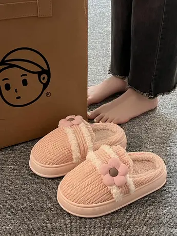 棉拖鞋女冬毛毛鞋外穿加绒孕妇大码室内家居公主风花朵包头半拖鞋图片