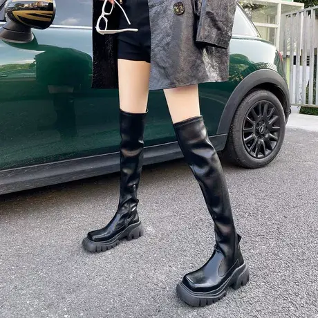 过膝长筒靴女2023春秋新款欧美帅酷时尚方头显瘦厚底骑士靴瘦瘦靴图片