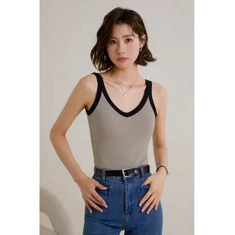 弥古带胸垫吊带背心女无袖撞色针织内搭打底夏季外穿短款时尚上衣图片