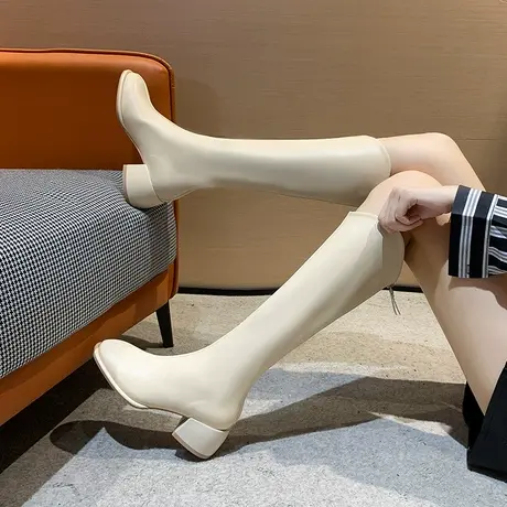 白色不过膝长靴V口长筒靴女胖mm粗腿大筒围显瘦粗跟高筒骑士靴子图片