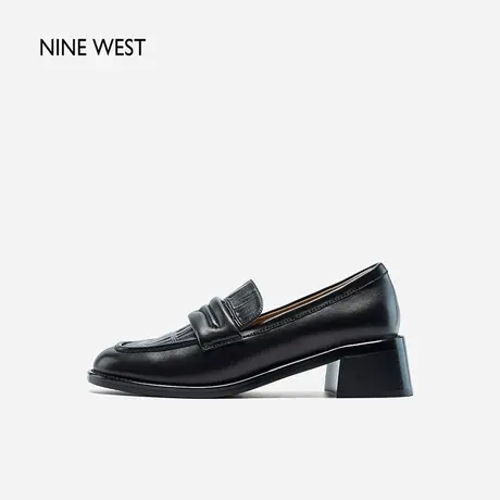 Nine West/玖熙真皮粗跟乐福鞋压纹一脚蹬单鞋春新款软底通勤百搭图片