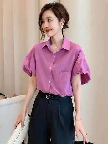 泡泡袖衬衫女2023夏装新款韩版宽松显瘦休闲百搭欧货大码衬衣上衣商品大图