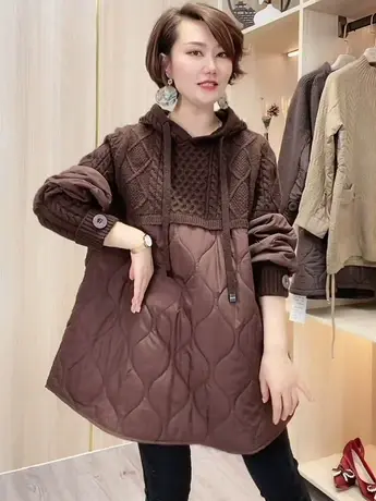 连帽针织衫女中长款秋冬季宽松上衣欧洲站棉衣拼接打底毛衣连衣裙商品大图