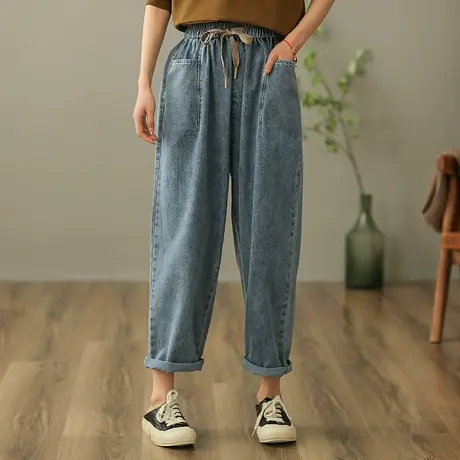 dza 高腰显瘦抽绳直筒牛仔裤女士春季哈伦阔腿裤宽松百搭休闲女裤图片