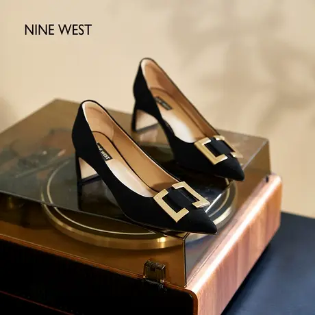 【商场同款】Nine West/玖熙粗跟高跟鞋女2025夏季反绒单鞋商品大图
