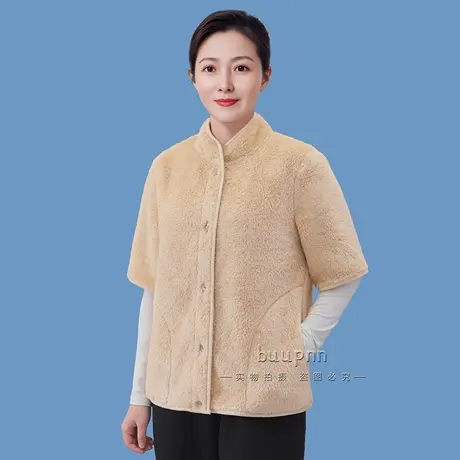 珊瑚绒半袖马甲女款冬季五分袖家居服中袖开衫上衣保暖休闲外套商品大图
