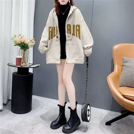 加绒加厚刺绣字母连帽卫衣开衫女2022新款秋冬宽松设计感拉链外套商品大图