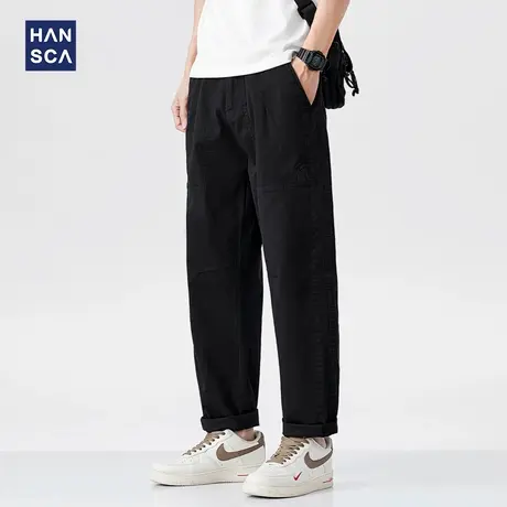 hansca春季工装休闲裤男2025新款宽松直筒黑色刺绣拼接弹力长裤子商品大图