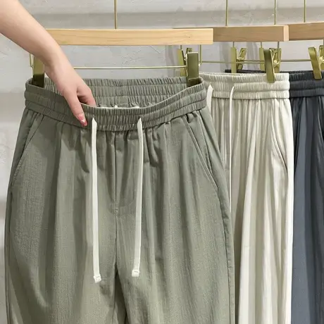 铜氨丝男裤夏季薄款冰丝新款直筒宽松垂感运动长裤男士休闲九分裤商品大图