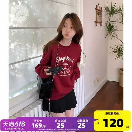 yoe复古红色卫衣女秋冬新款圆领加绒卫衣圣诞风酒红宽松上衣新年商品大图