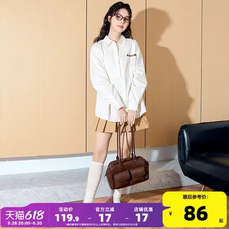 唐狮2025早春新款长袖衬衫女翻领英伦学院风净色格子宽松拼接衬衫商品大图
