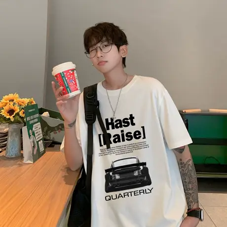唐狮短袖T恤男夏季新款前胸图文结合赛车印花纯棉半袖上衣商品大图
