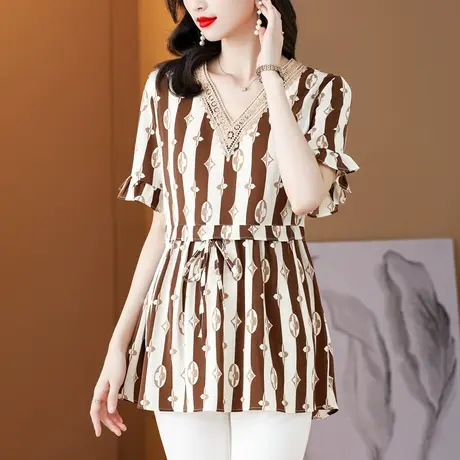 2023夏季年新款大码女装雪纺衫短袖收腰显瘦气质百搭v领遮肚上衣商品大图