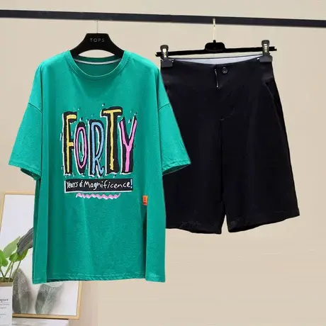 潮流字母开叉T恤衫高腰西装五分裤两件套夏季时尚T恤短裤两件套装商品大图