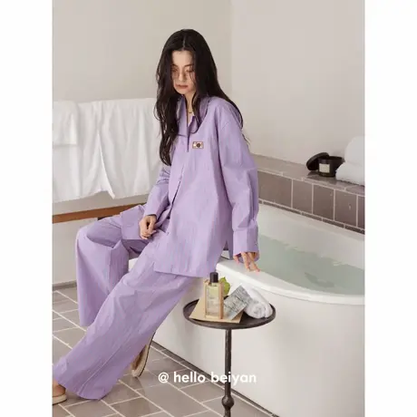 贝妍柔软棉睡衣女春秋季新款开衫长袖家居服时尚撞色条纹大码套装商品大图