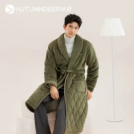 秋鹿珊瑚绒男士浴袍秋冬加厚关刀领青少年家居服男格子睡袍中长款商品大图