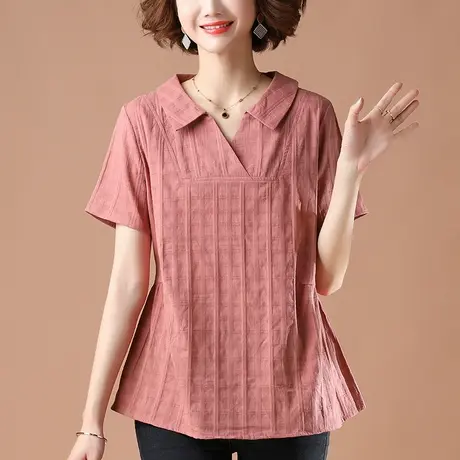 加肥加大码短袖t恤女夏季新款中年妈妈纯棉百搭休闲翻领显瘦上衣商品大图