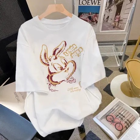 胖mm正肩t恤女vintage宽松遮肚上衣藏肉慵懒风显瘦ins大码短袖夏商品大图