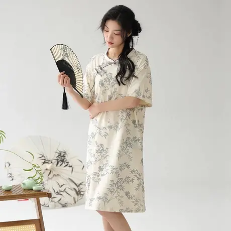 浪莎睡裙女夏季新款冰丝短袖睡衣女薄款高级感国风女士旗袍家居服商品大图