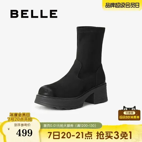 百丽女靴子复古弹力靴冬季新款加绒高跟显瘦瘦短靴E5G2DDZ5商品大图