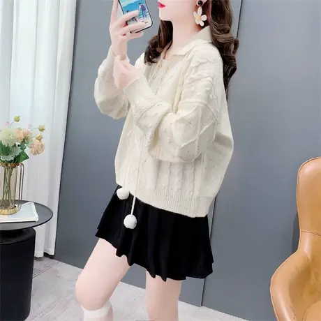设计感毛球翻领套头毛衣女秋季2024年新款别致奶系软糯针织衫上衣商品大图
