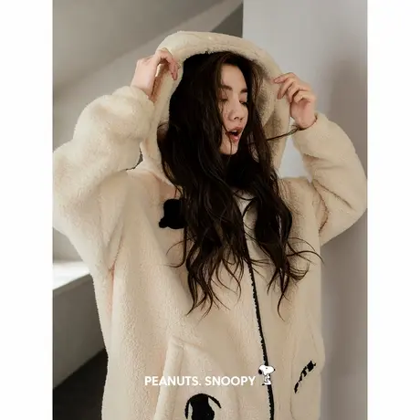 贝妍睡衣女秋冬季加厚珊瑚绒连帽家居服可爱史努比保暖法兰绒套装商品大图